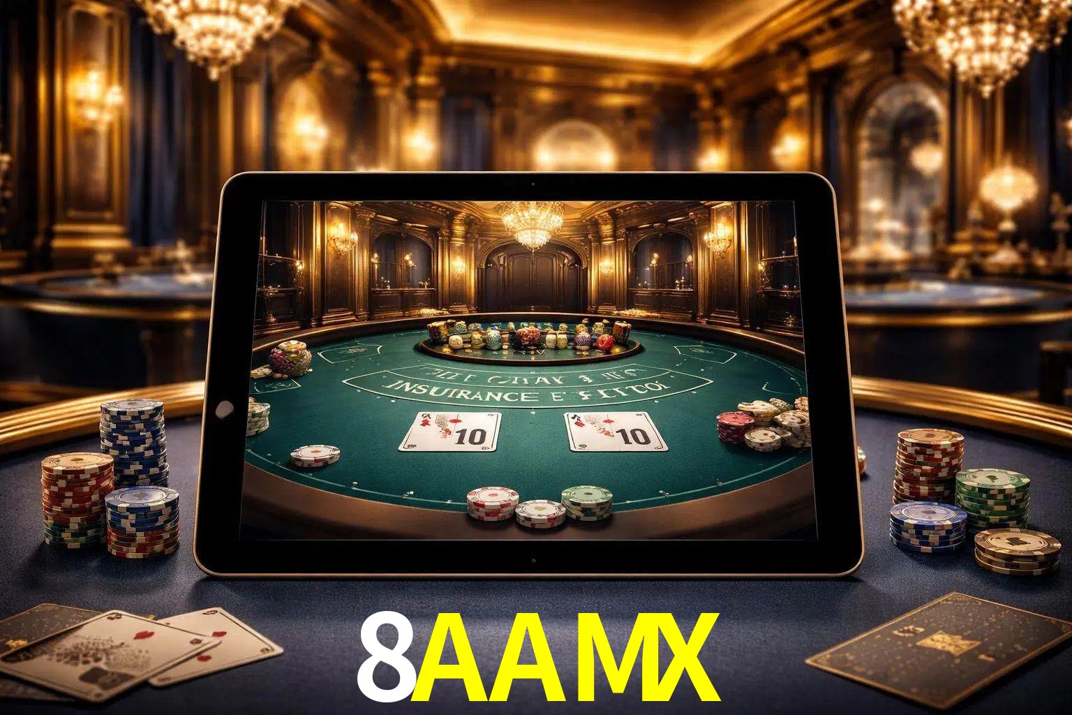 Configuración moderna de casino en vivo con una tableta mostrando una mesa de blackjack, luces cálidas de estudio y una atmósfera elegante de juegos digitales.