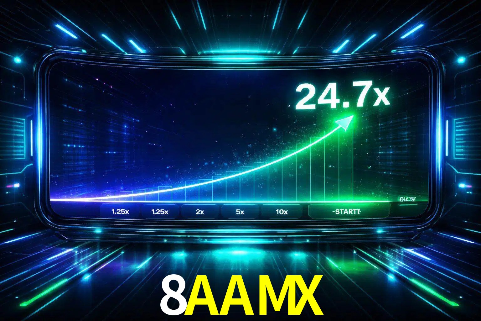 Una pantalla moderna de juego estilo crash con multiplicadores ascendentes, visuales de neón y una interfaz intensa enfocada en la acción.