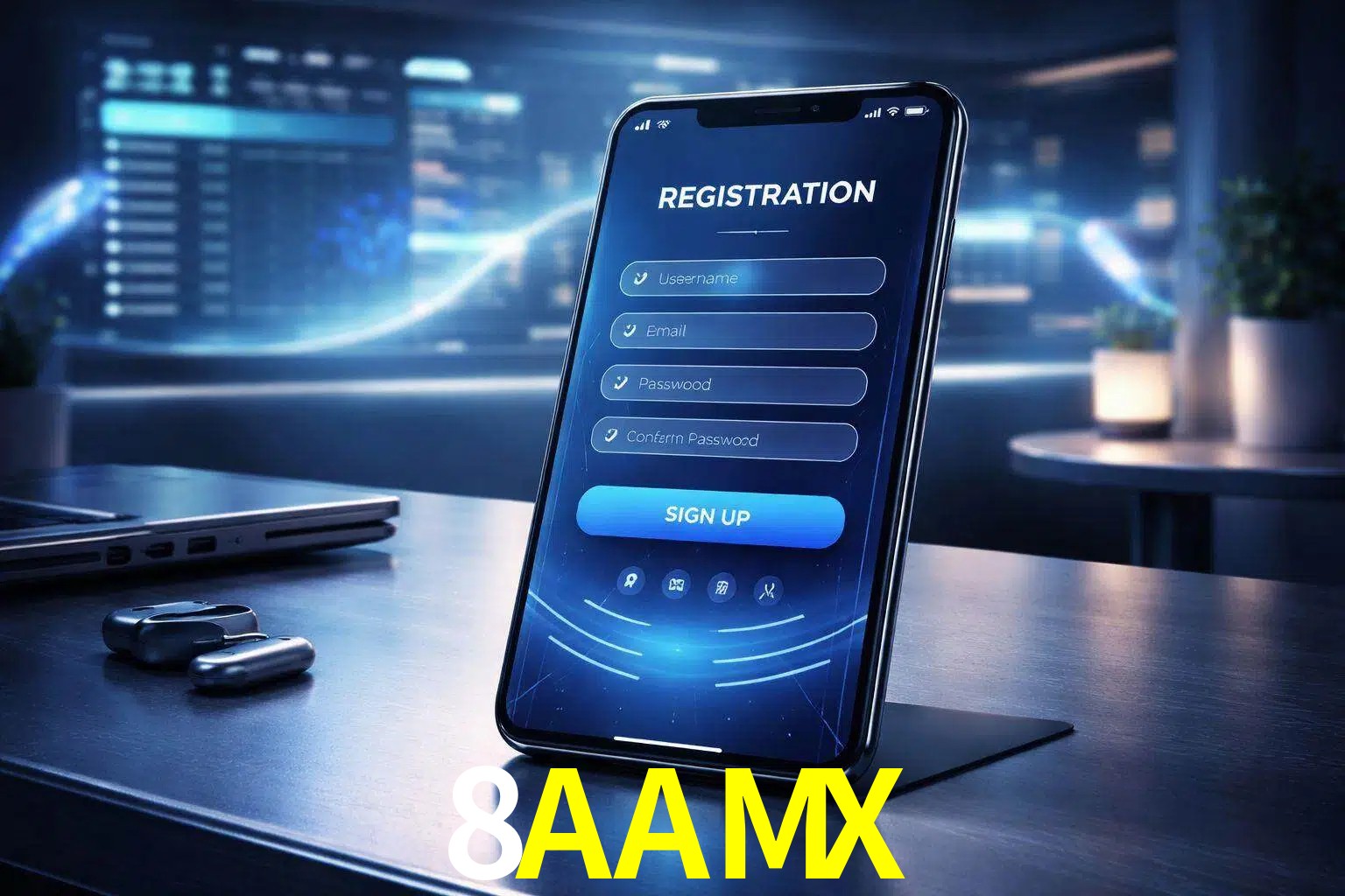 Una interfaz moderna de registro móvil para 8AAMX mostrada en un smartphone con un panel de apuestas elegante.